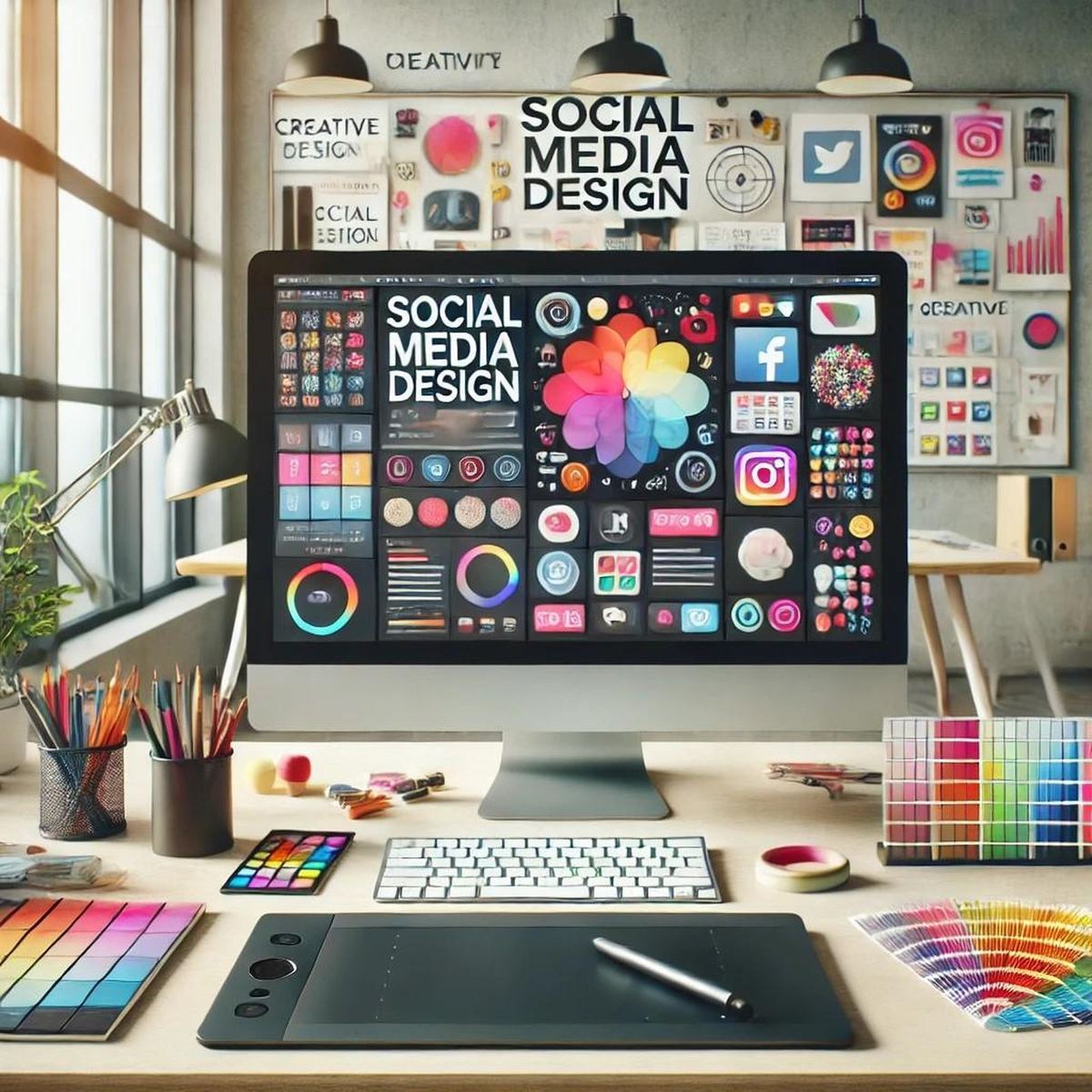 Creative workspace with color palettes and design tools for social media and poster graphics Creative workspace with color palettes and design tools for social media and poster graphics