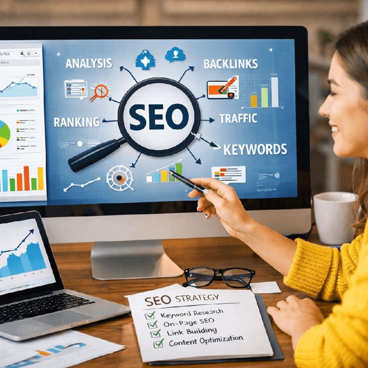 SEO analytics dashboard showing keyword rankings, backlinks and traffic growth SEO analytics dashboard showing keyword rankings, backlinks and traffic growth