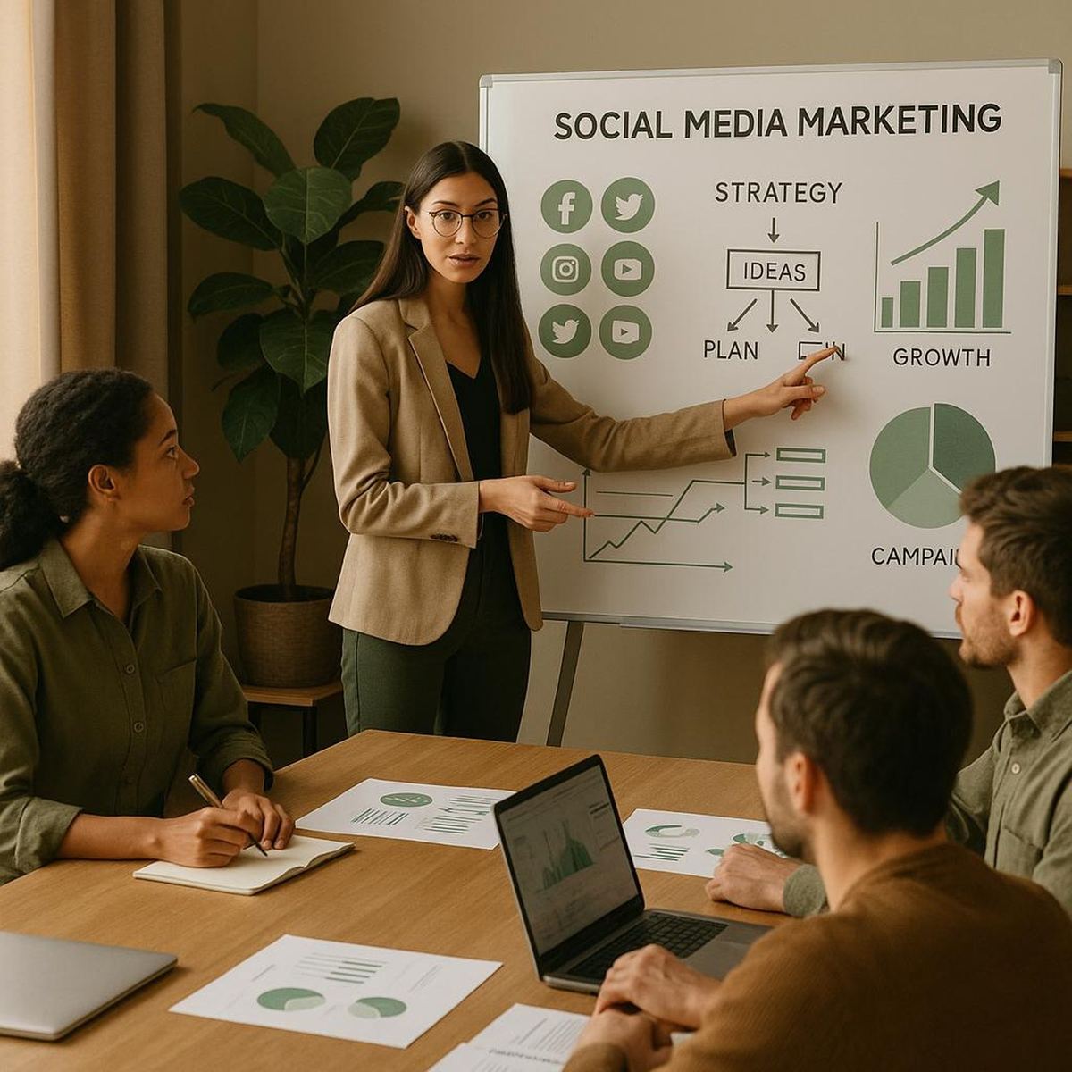 Marketing specialist presenting a social media marketing strategy and campaign growth chart to a team Marketing specialist presenting a social media marketing strategy and campaign growth chart to a team