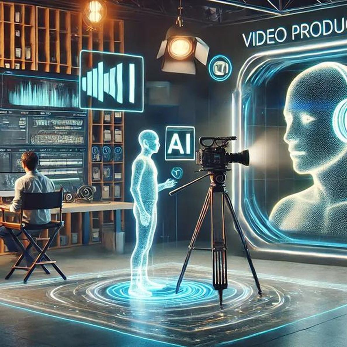 AI-assisted video production setup with a camera and digital avatar AI-assisted video production setup with a camera and digital avatar